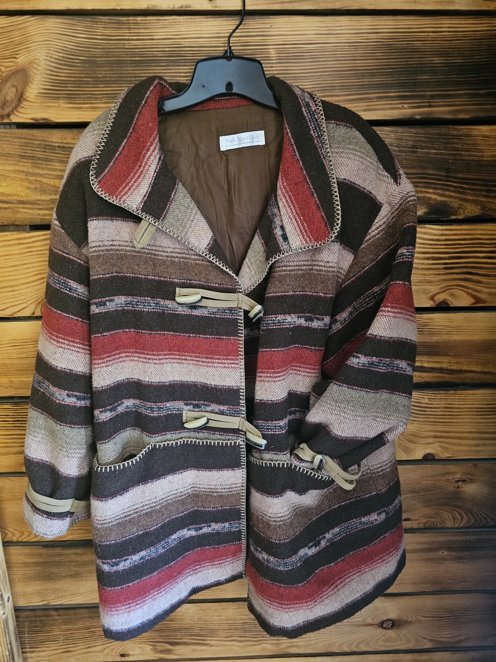 Striped Toggle Pea Coat in Brown & Red Western Style